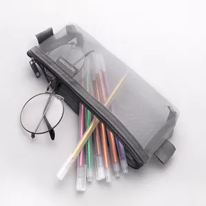 Minimalist grey transparent mesh pencil case with large capacity for office stationery