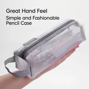 Minimalist grey mesh pencil case with large capacity and portable handle