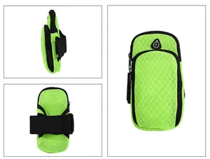 Breathable neon green sports running armband with adjustable strap and headphone port