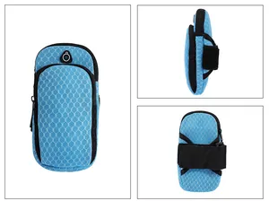 Blue sports arm bag for running showing front, side, and back views with adjustable strap