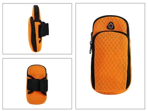 Detailed views of orange honeycomb mesh sports arm bag for universal smartphones running gear.