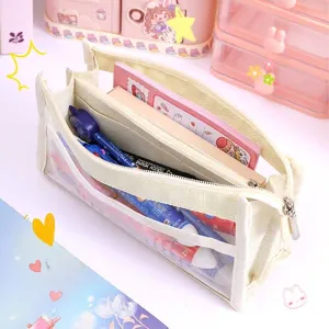 Große cremefarbene mehrlagige transparente Federtasche mit Canvas-Rand und Reißverschluss