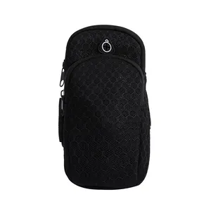 Adjustable black breathable mesh sports armband for running with a headphone port