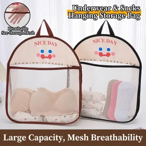 Hanging mesh storage bags for socks and underwear featuring a cute cartoon face design