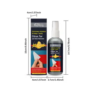 Product dimensions for 100ml Rayhong citrus tar and glue remover spray bottle and outer box