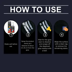 Instructional guide showing four steps to use Rayhong car tar and glue remover spray effectively