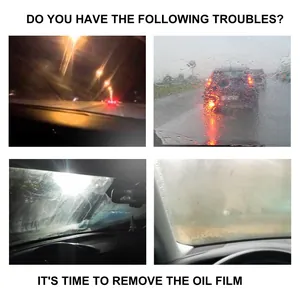 Vier Bilder zeigen Probleme mit Ölfilm, Blendung und Regen auf der Autoglasscheibe.