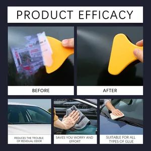 Detail showing effective car adhesive removal process on glass using yellow scraper tool