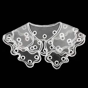 Elegant Women White Double Layer Embroidered Detachable Collar Polyester Organza Scalloped Edge Hollow Lace Capelet Neck Decor