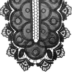 Detail of black water-soluble lace collar flower with heavy leather applique embroidery