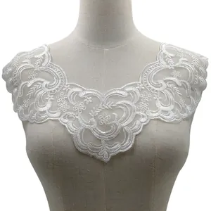 High-quality white floral lace embroidery collar accessory on mesh base detail view