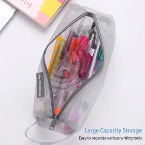 Grey mesh pencil case with stationery inside on a white background