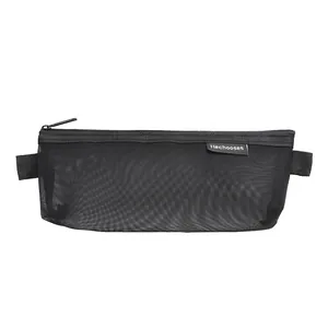 Minimalist black transparent mesh pencil bag with zipper closure and a woven logo label.
