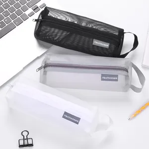 Set of three minimalist transparent mesh pencil cases in black, grey, and white