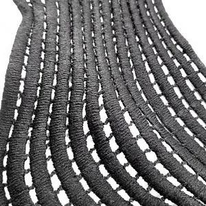 Macro close-up detail of black water-soluble lace with 3D hollow wave embroidery texture