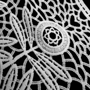 Détail macro montrant la texture complexe d'une broderie en dentelle de soie de lait blanche