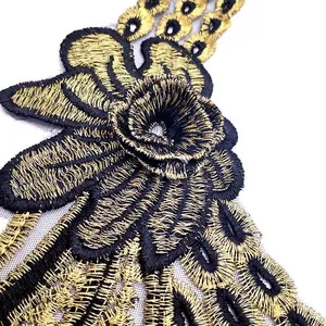 Close-up view of black and gold embroidered 3D flower lace collar for DIY sewing