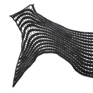 Macro detail of black water-soluble milk silk lace collar with wavy hollow embroidery