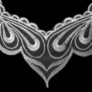 Close-up of white water-soluble lace embroidery collar with intricate mesh patterns