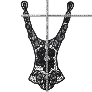 Detail view showing size measurement of black water-soluble lace neckline embroidery appliqué