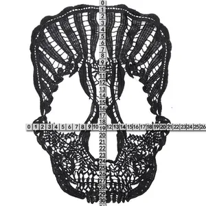 Large black skull lace embroidery patch shown with size measurement ruler detail