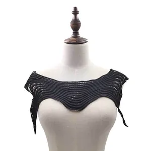 Detailed view of black water-soluble lace collar with 3D hollow wave embroidery