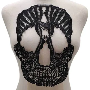 Intricate black skull water-soluble lace embroidery patch on mannequin