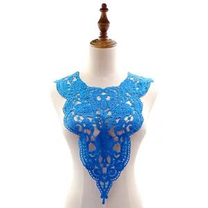 Close-up view of a vibrant blue water-soluble lace collar displayed on a white mannequin