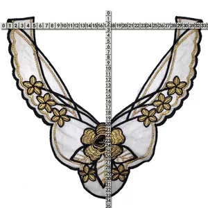 Detailed measurements of the gold and black floral embroidered water-soluble lace collar applique