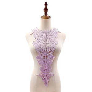 Detail view of lavender water-soluble lace collar embroidery on a mannequin bust