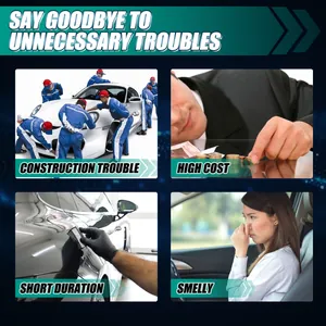 Four panels illustrating common car maintenance issues solved by coating spray