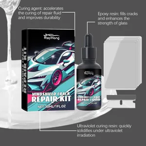 Complete windshield repair kit featuring resin liquid, scraper blade, and curing strips