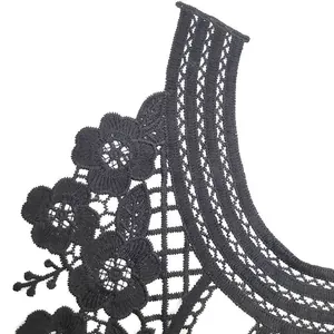 Detail view of black water-soluble lace collar with 3D hollow embroidery flowers.
