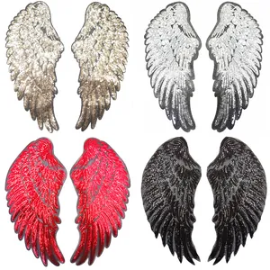 Glänzende Pailletten Gestickte Engel Flügel Aufnäher Symmetrische Große Feder Abzeichen DIY Bekleidung Motiv Für Party Kleid Zubehör