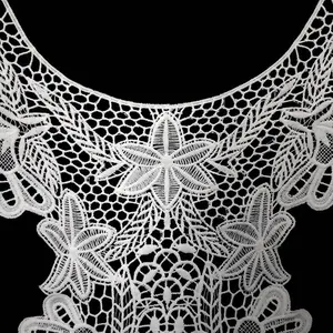 Detailed macro view of white water-soluble milk silk embroidery floral lace collar