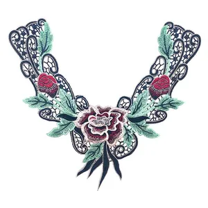 Heavy Embroidered Water-Soluble Lace False Collar Colorful 3D Rose Flower Embroidery Patch DIY Apparel Sewing Fabric Accessory For Women