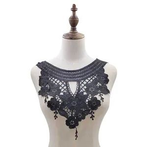 Black water-soluble lace collar with hollow out floral embroidery detail
