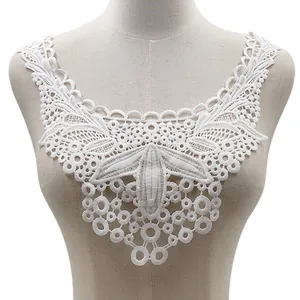 Detailed view of white water-soluble milk silk lace collar with floral embroidery