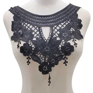 Elegant black water-soluble lace collar with 3D floral embroidery for DIY sewing projects