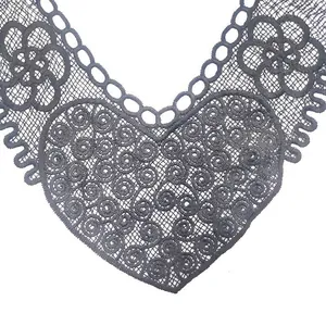 Detailed view of gray water-soluble lace collar with heart and floral embroidery