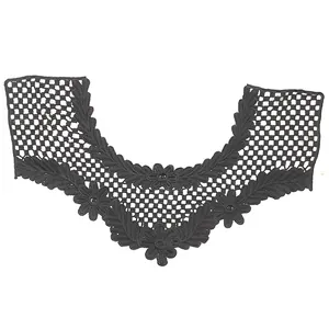 Detailed close-up of a black embroidered lace neckline featuring 3D floral hollow pattern