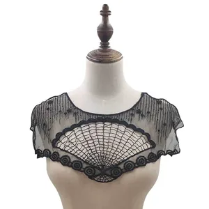 Close-up of black fan-shaped mesh embroidered lace collar for DIY sewing projects