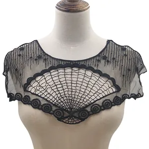 Vintage Embroidered Fan Shaped Fake Collar Black Polyester Silk Lace Trim For DIY Clothing Accessories Sewing Crafts
