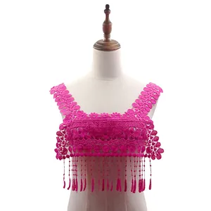Close-up of hot pink water-soluble lace collar with elegant fringe and embroidery details