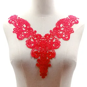 Detailed view of red water-soluble lace floral applique for DIY sewing and embroidery