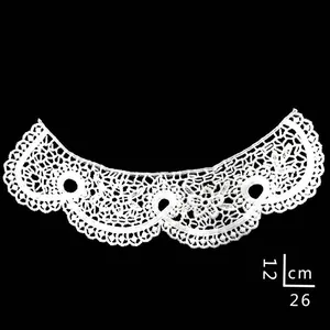 Detailed view of white water-soluble lace collar with 12x26cm dimension markings