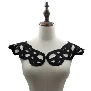 Close-up of black 3D hollow-out lace embroidery collar applique on a dress form
