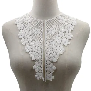 Detailed view of white water-soluble milk silk lace collar with intricate floral embroidery