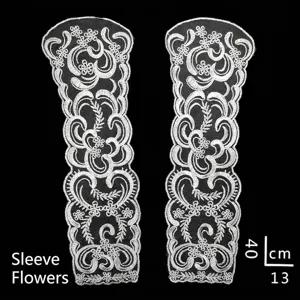 White lace embroidered sleeve floral patch with symmetrical floral design, 40x13cm size