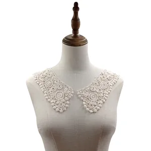 Detailed macro view of white water-soluble lace collar on a dress form mannequin